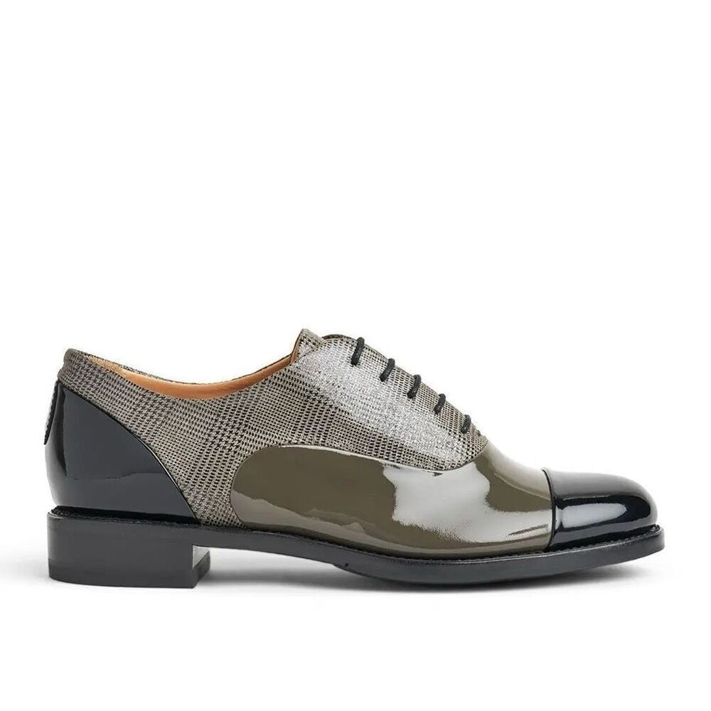 THE OFFICE OF ANGELA SCOTT Ms. Baker Khaki Glen Plaid Leather Women's Toe Cap Ox